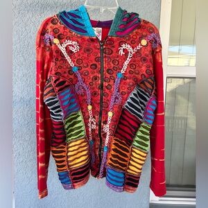 India Boutique Patchwork Zip Hoodie Jacket  Boho Embroidered Hippie Gypsy Boho L